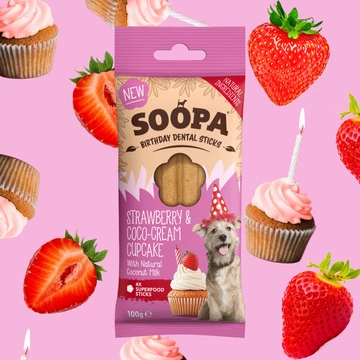 Soopa Dental Sticks - Strawberry & Coco-Cream Cupcake Fogtisztító Jutalomfalat - Epres-Kókuszkrémes