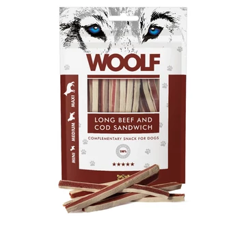 Woolf Long Beef and Cod Sandwich Marhahús-Tőkehal Szendvics Jutalomfalat Kutyáknak