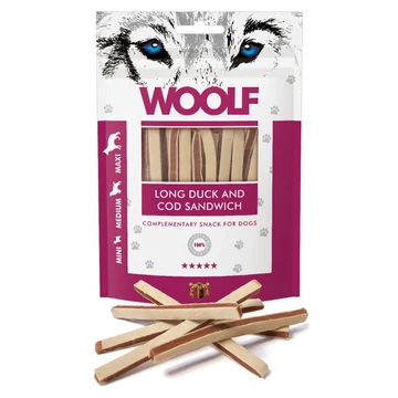 Woolf Long Duck and Cod Sandwich Kacsahús-Tőkehal Szendvics Jutalomfalat Kutyáknak