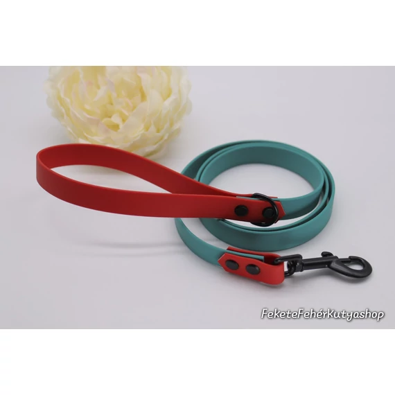 Vízálló, Biothane póráz - Little Mermaid - Türkiz-Piros - 120 cm - Fekete Fémekkel - Kész termék