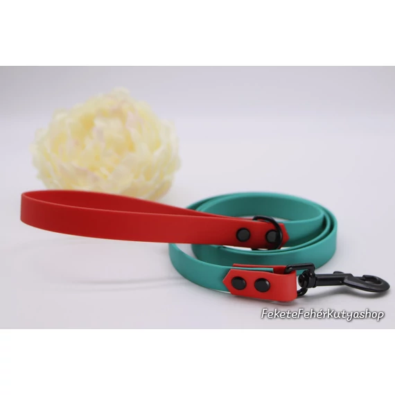 Vízálló, Biothane póráz - Little Mermaid - Türkiz-Piros - 120 cm - Fekete Fémekkel - Kész termék