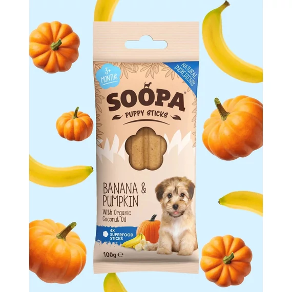 Soopa Puppy Sticks - Banán és Sütőtök Fogtisztító Jutalomfalat Kölyök Kutyáknak 3+ hónapos kortól